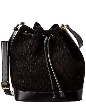 Saint Laurent Monogram All Over Bucket Bag In Studded Suede in Black