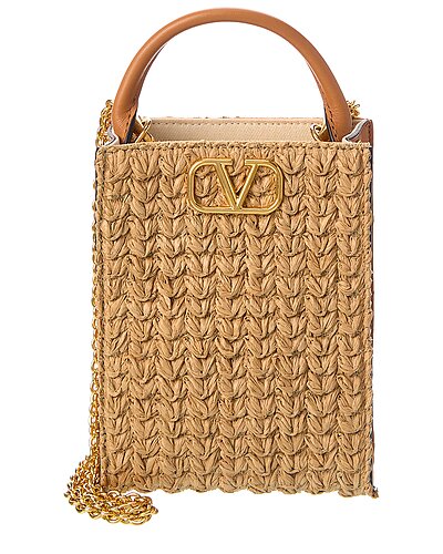 Valentino VLogo Straw & Leather Shoulder Bag