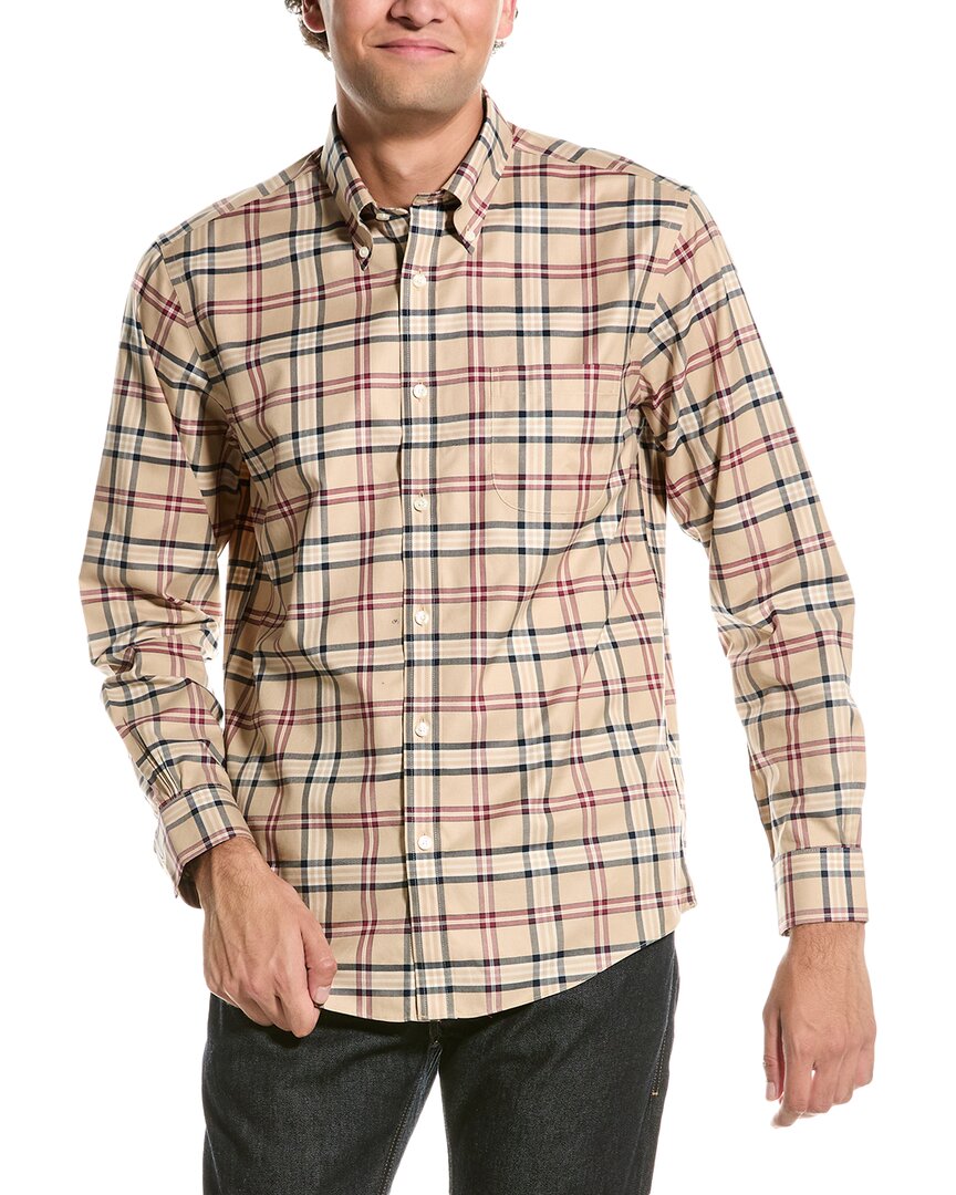 Brooks Brothers Stretch Supima Cotton Non-iron Twill Polo Button Down Collar, Tartan Shirt In Beige