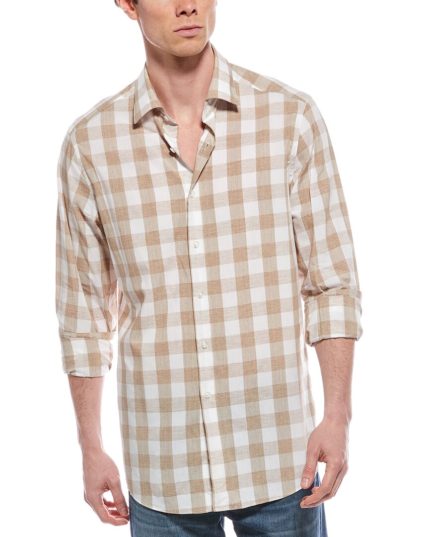 Scott Barber Riviera Buffalo Check Cotton Blend Poplin Button-up Shirt In Brown