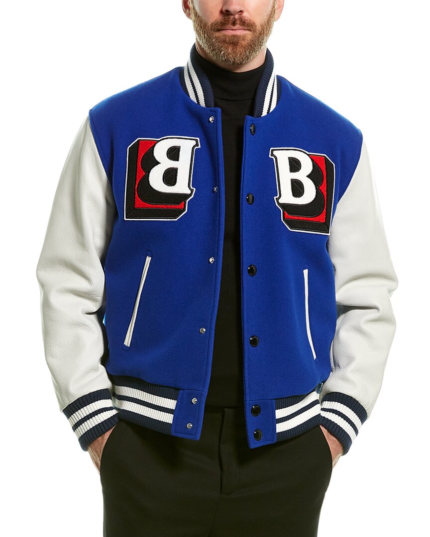Burberry Felton B Logo Leather Sleeve Wool Blend Varsity Jacket In Blue