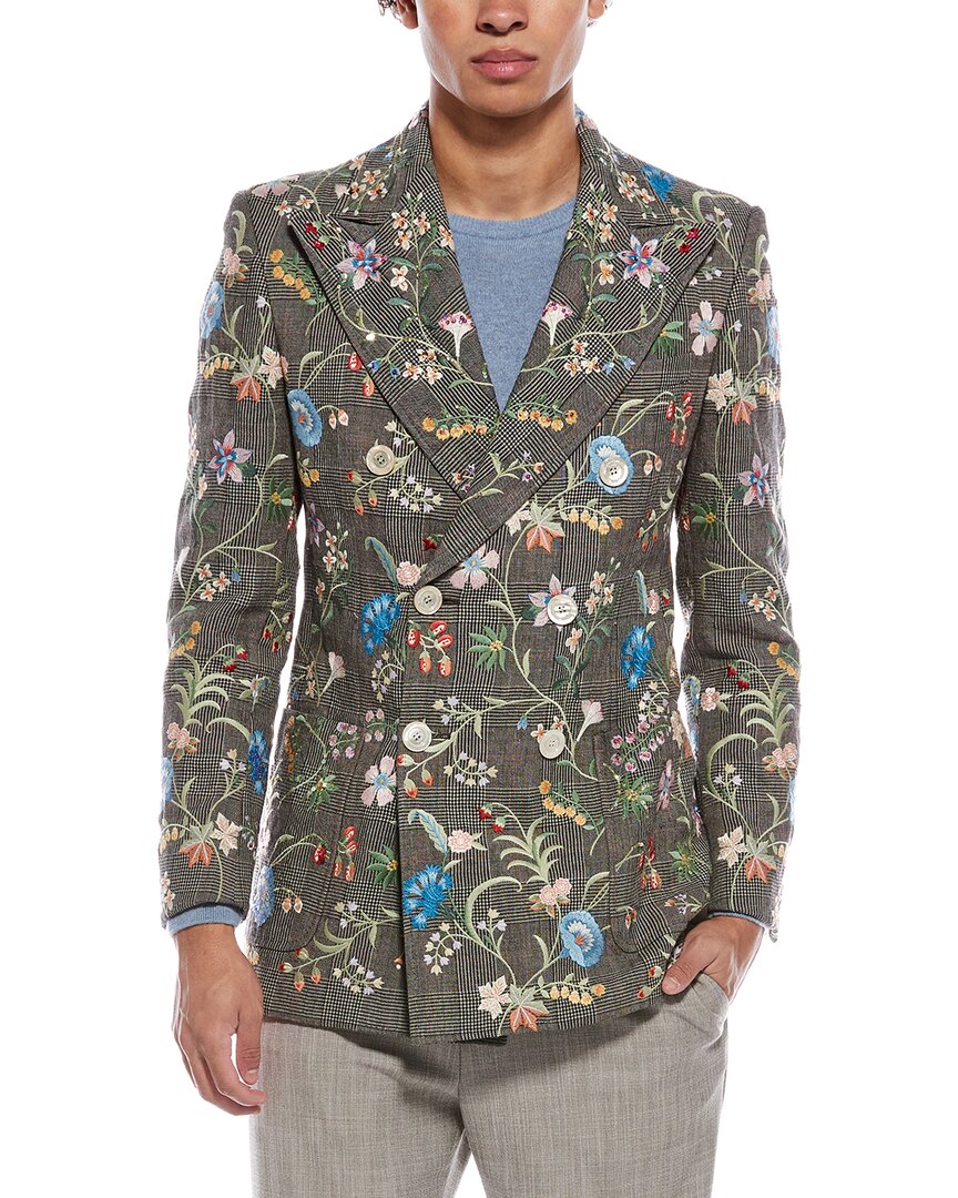 Gucci Floral Embroidered Wool & Linen-blend Plaid Suit