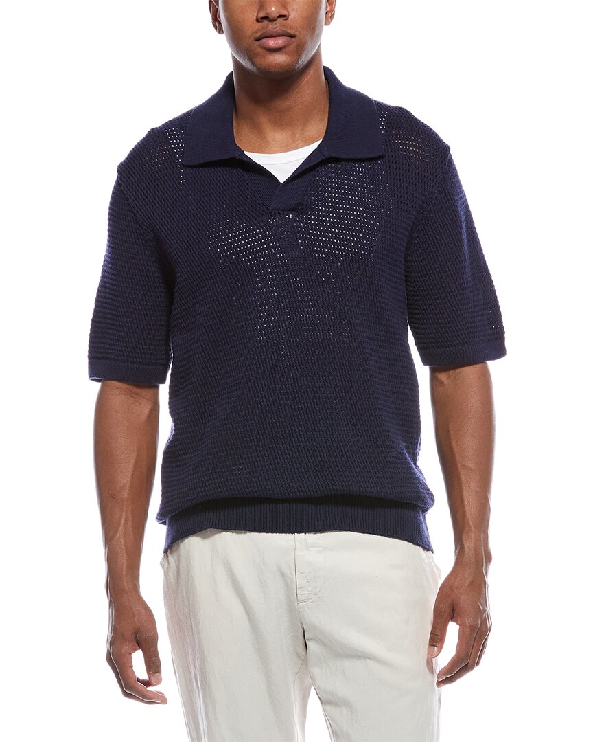 Frame Mesh Short Sleeve Open Collar Polo Sweater In Blue