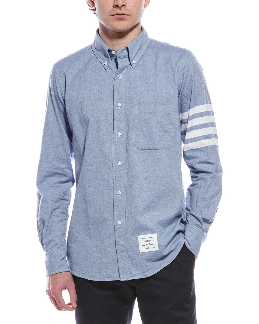 Thom Browne Light Blue Solid Flannel Shirting 4-bar Nametag Straight Fit Shirt In Blue