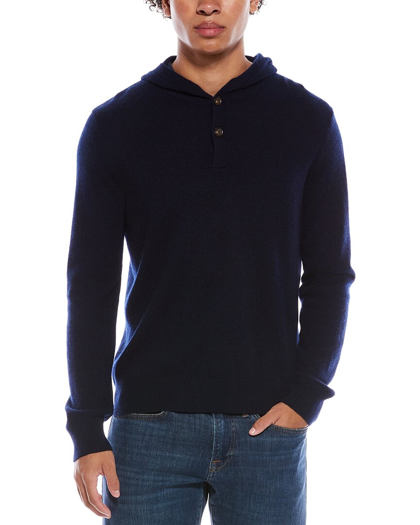 Amicale Cashmere Jersey Cashmere Henley Hoodie In Blue