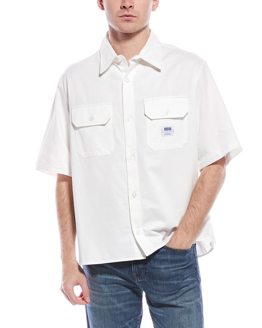 Hugo Boss Mens Spread-collar Brand-patch Cotton Shirt Open White Xxl