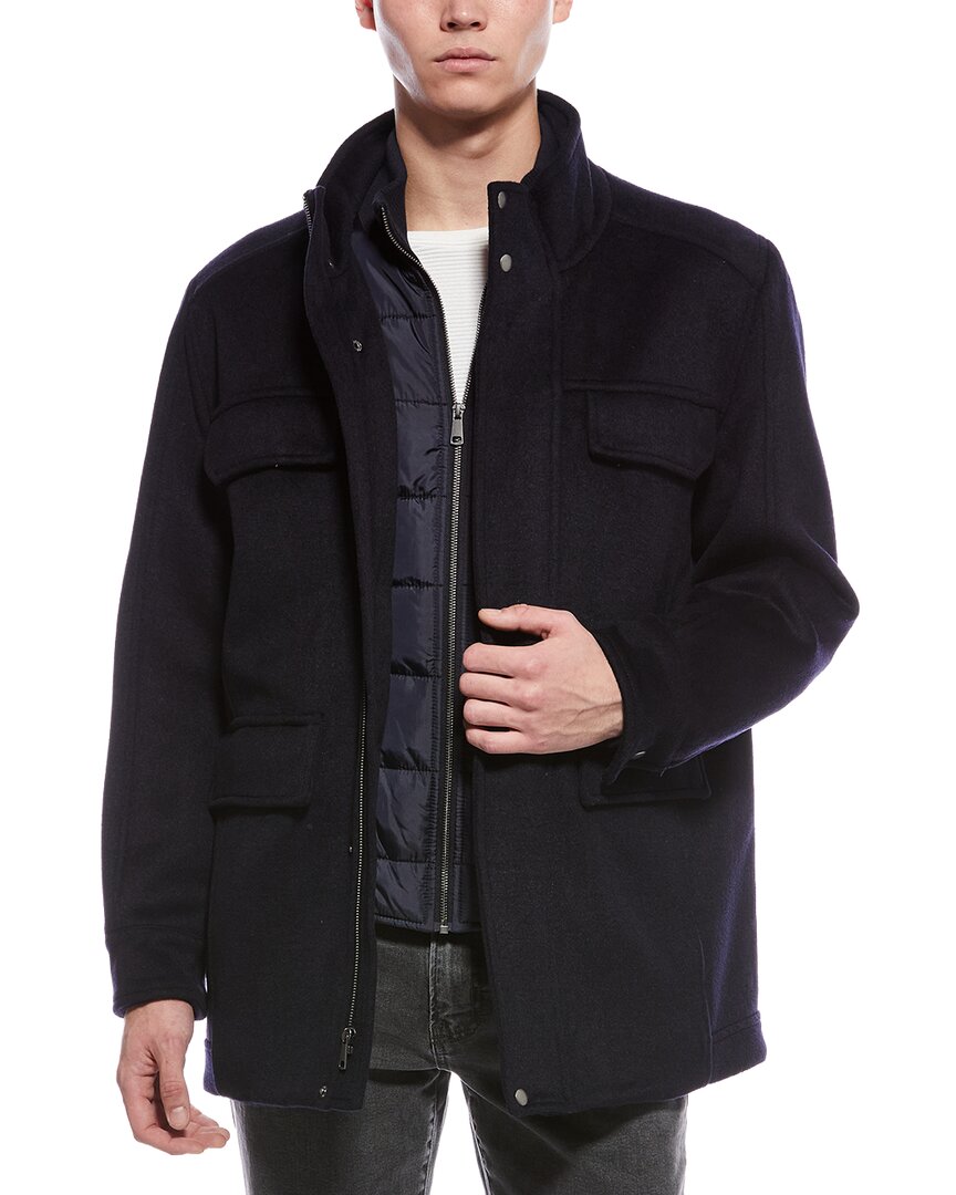 Cole Haan Multipockets Wool-blend Field Coat In Blue