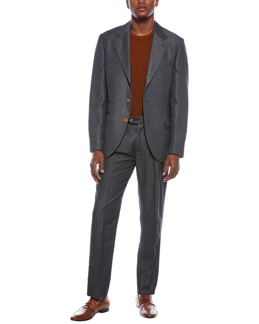 Brunello Cucinelli 2pc Wool & Linen-blend Suit With Pleated Pant In Gray