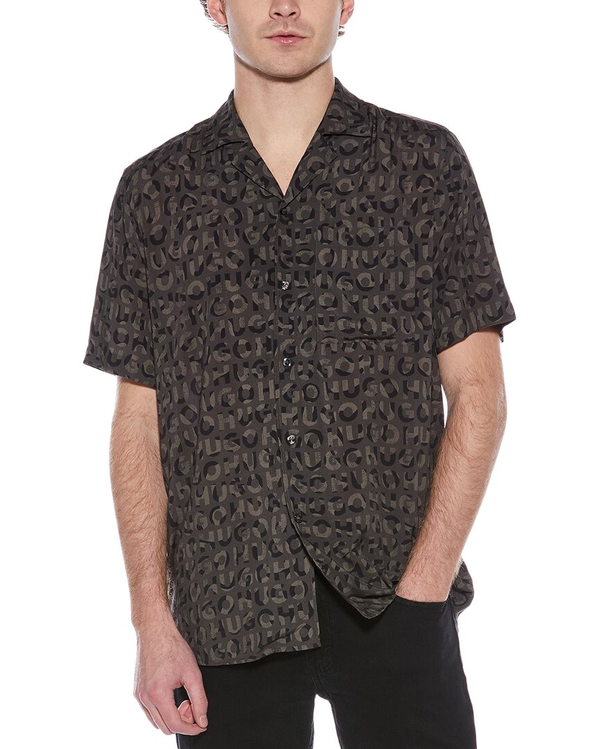 Hugo Boss Ellino Logo Print Relaxed Fit Button Down Camp Shirt In Black