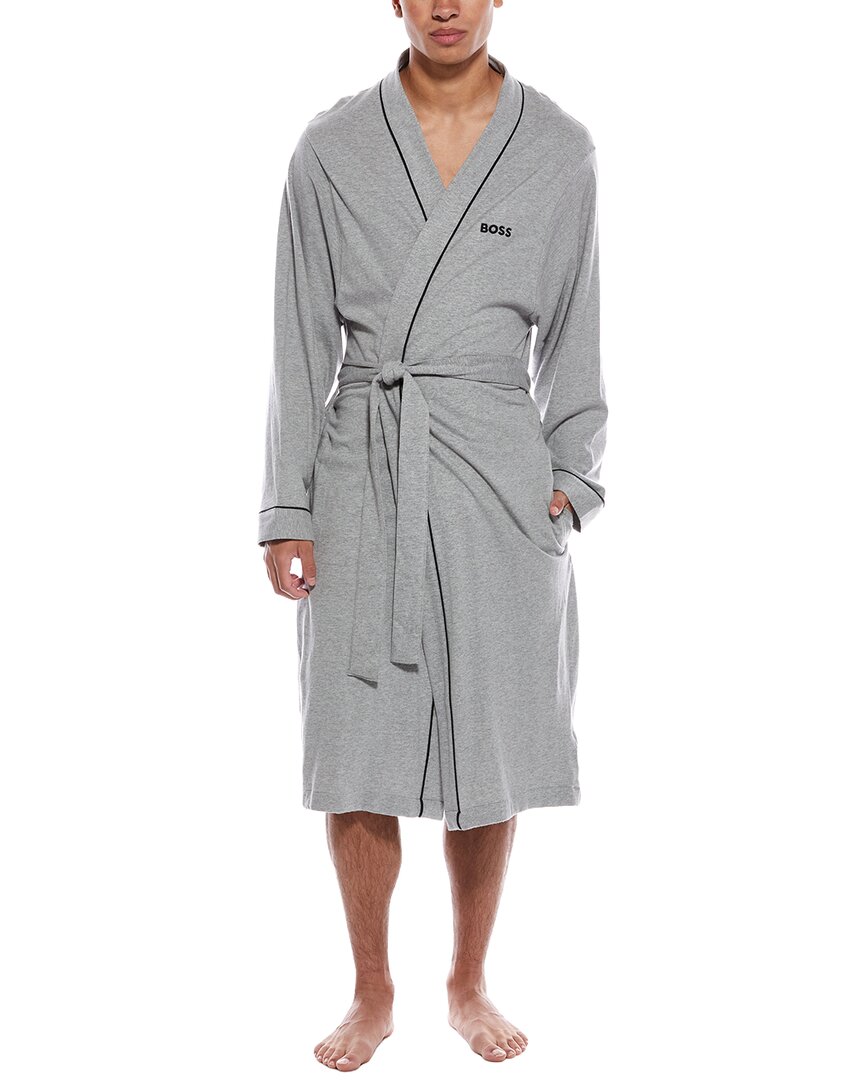 Hugo Boss Piped Cotton Robe In Gray