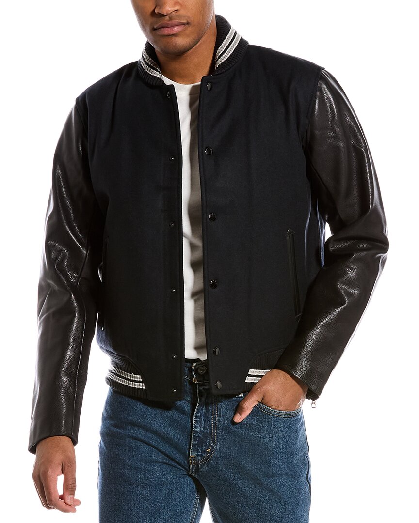 Rag & Bone Leather-trim Wool-blend Varsity Jacket In Blue