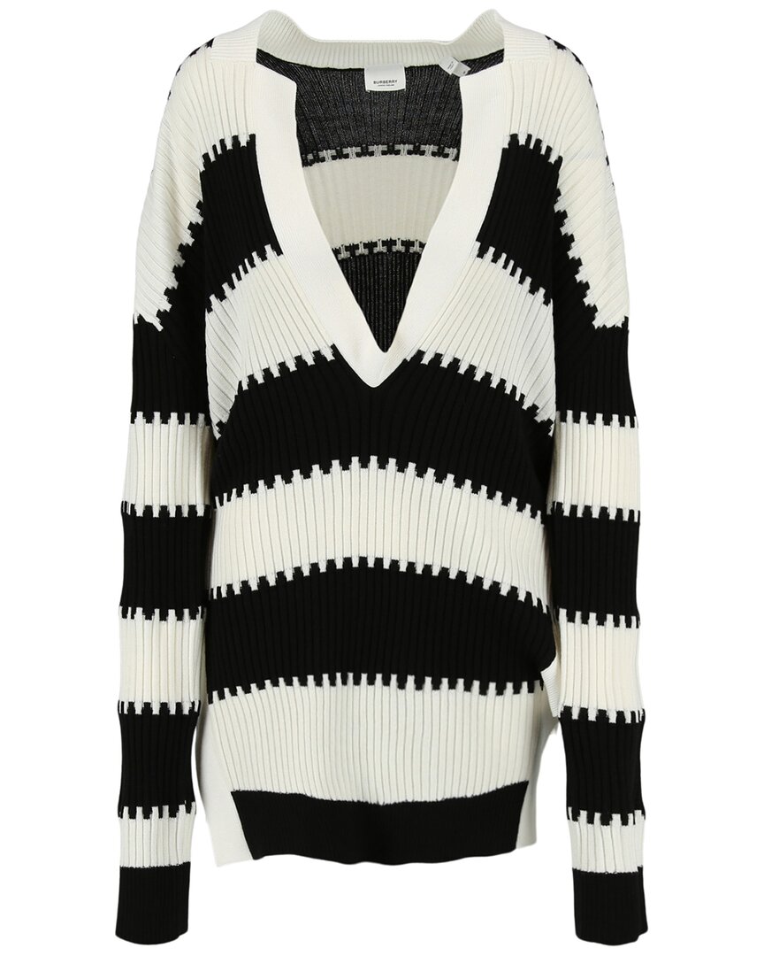 Burberry Side Slit Striped Rib Knit Wool Sweater In Black