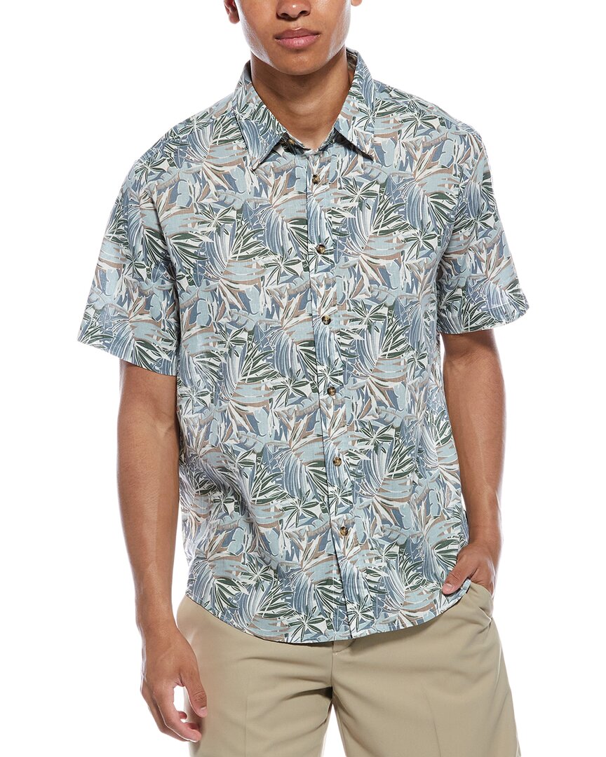 Report Collection Tropical Print Woven Linen-blend Sport Shirt In Gray
