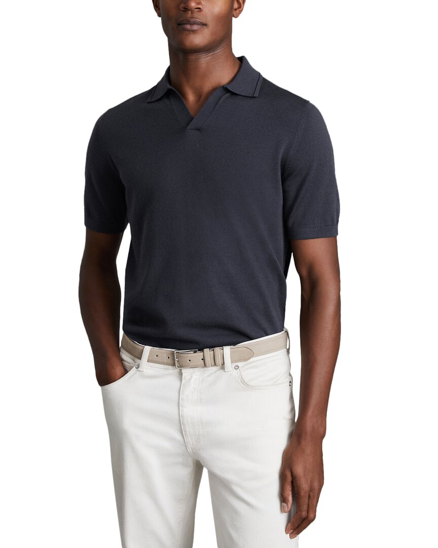 Reiss Blue Smoke Merino Wool Open Collar Polo Shirt In Gray