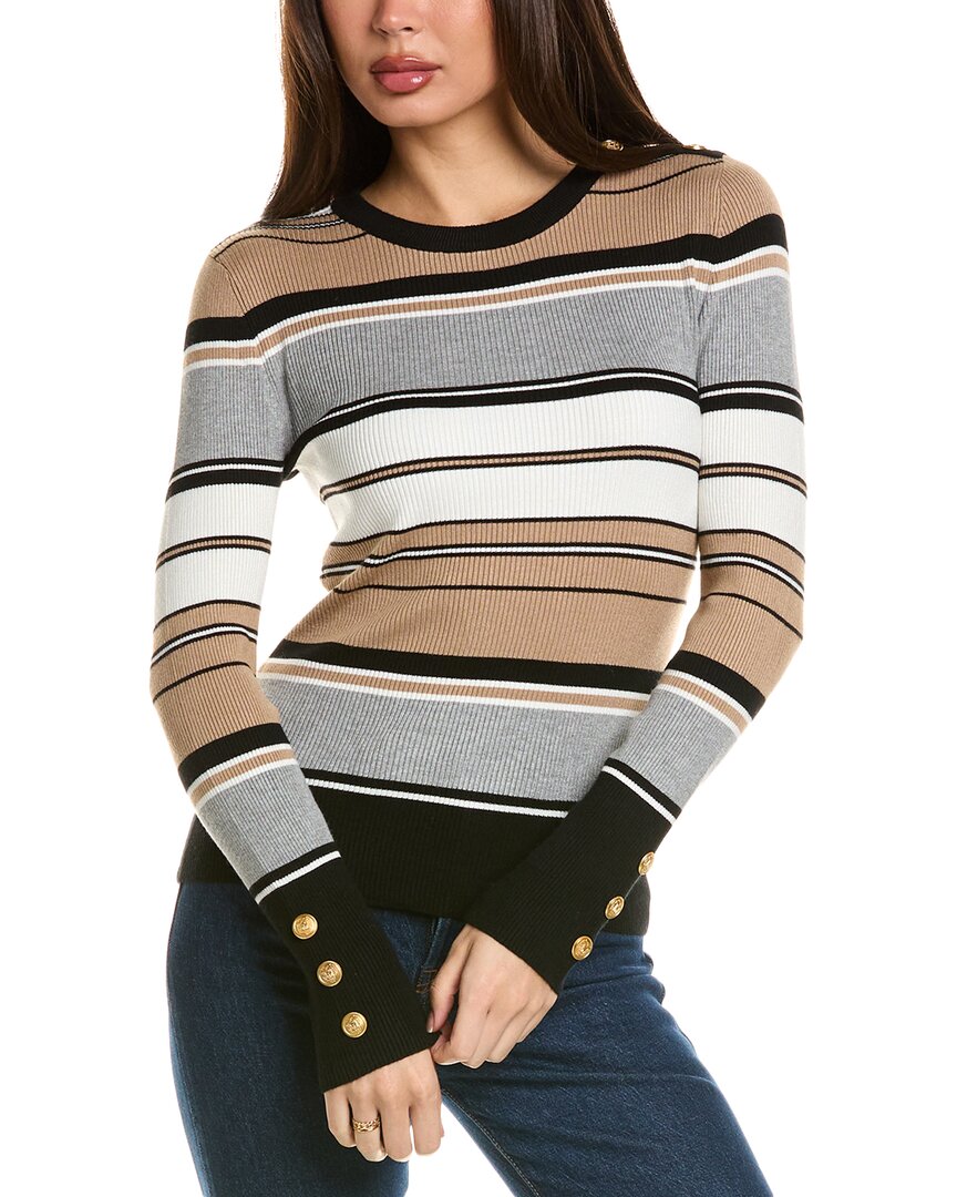Ellen Tracy Stripe Ribbed Sweater In Black