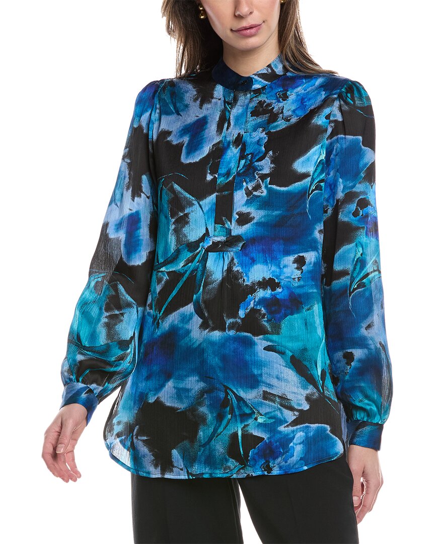 Anne Klein Petite Printed Faux-wrap Blouse In Blue