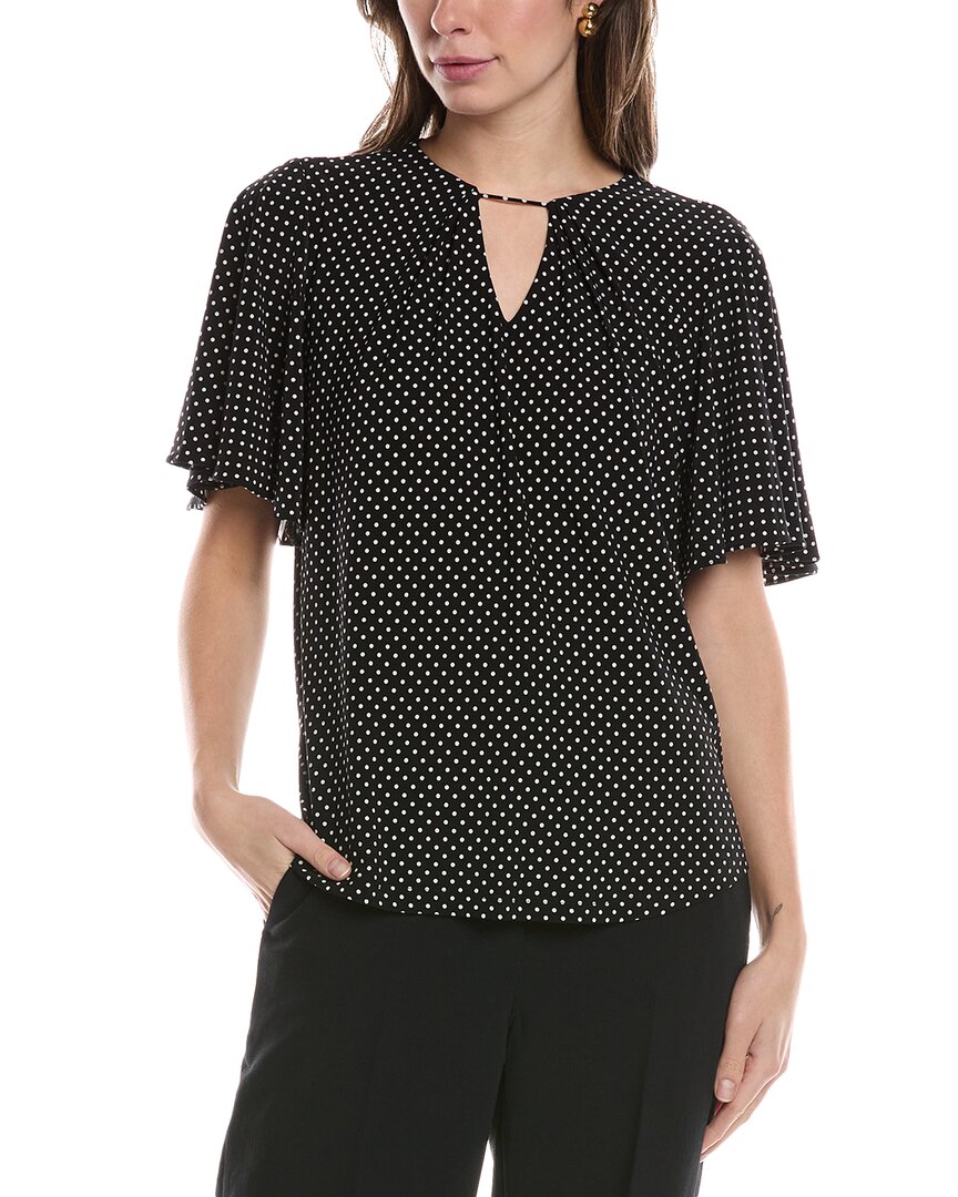 Anne Klein Polka Dot Pleat Neck Top In Black