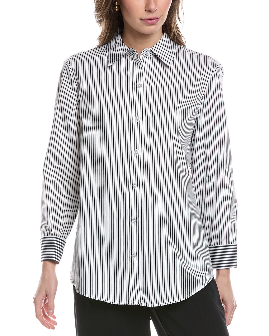 Anne Klein Stripe Cotton Poplin Button-up Shirt In Black