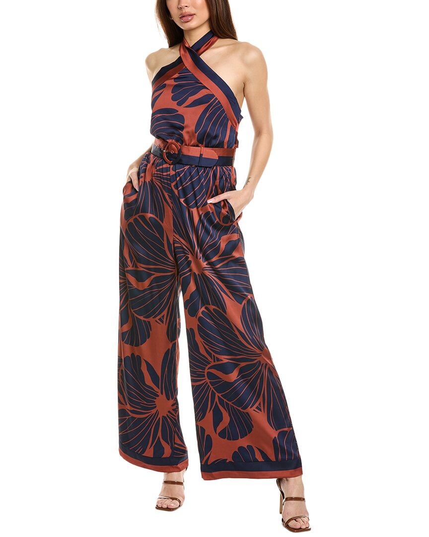Hutch Halter Style Wide Leg Jumpsuit In Copper Block Print Plumeria In Brown