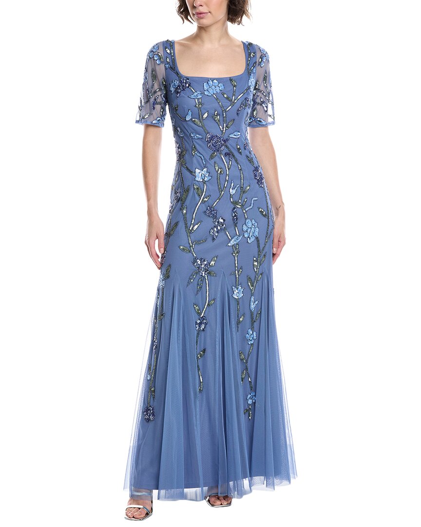 Adrianna Papell Beaded Mesh Gown In Blue