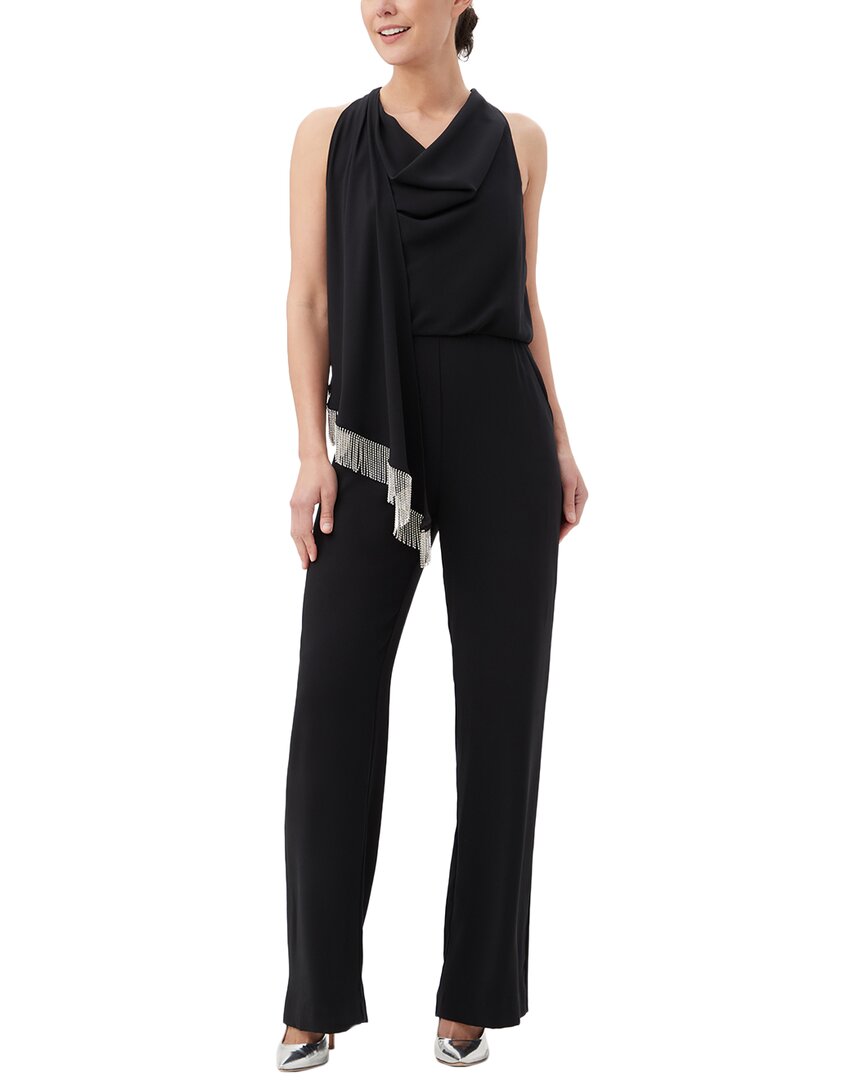 Trina Turk Momo Cowl-neck Draped Fringe-trim Jumpsuit In Black