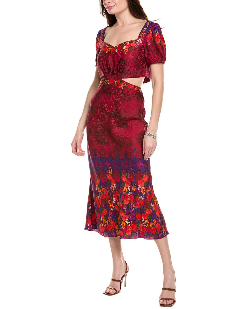 Saloni Astro Stamped Satin Silk Midi Dress In Red