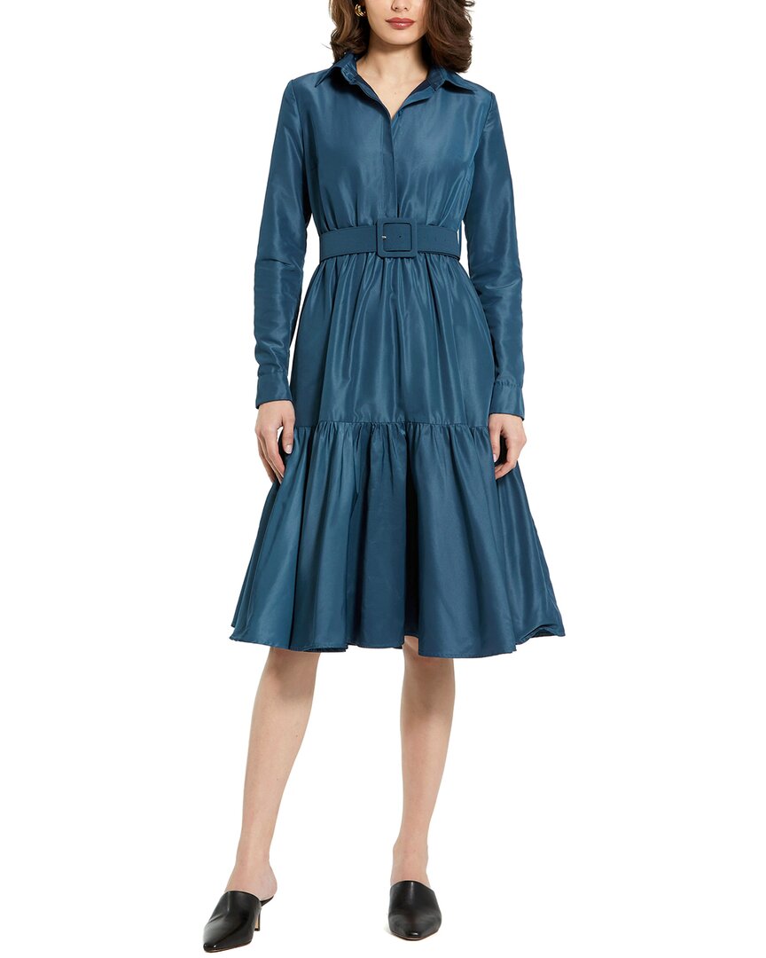 Mac Duggal Faille Long Sleeve Collared Belted Midi Dress