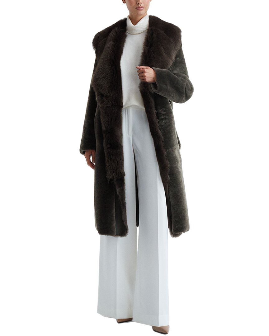 Reiss Brown Reversible Longline Leather Shearling Coat In Brown