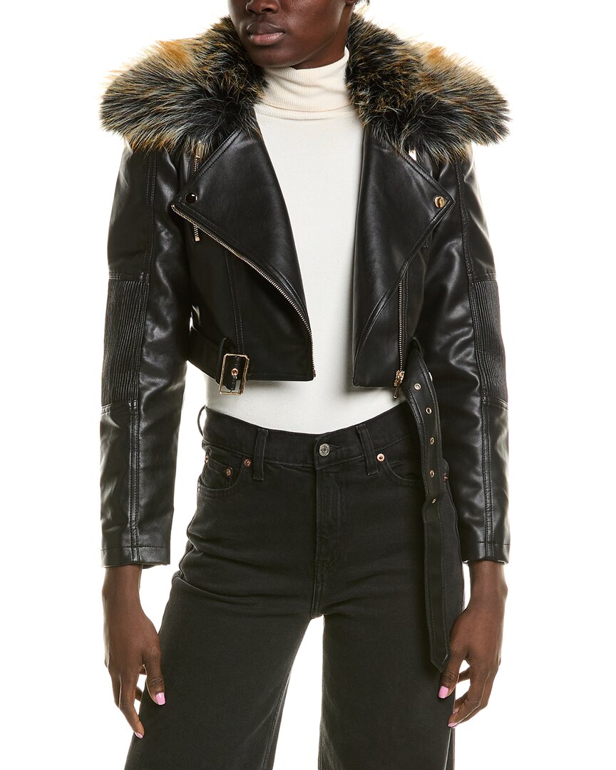 Shop Beulah Asymmetrical Crop Moto Jacket In Black