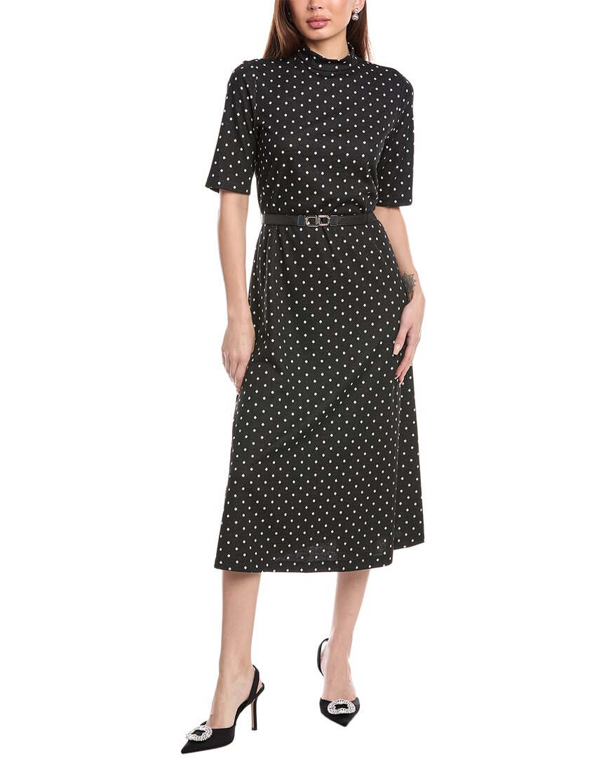 Anne Klein Polka Dot Mock Neck Cotton Blend Dress In Black