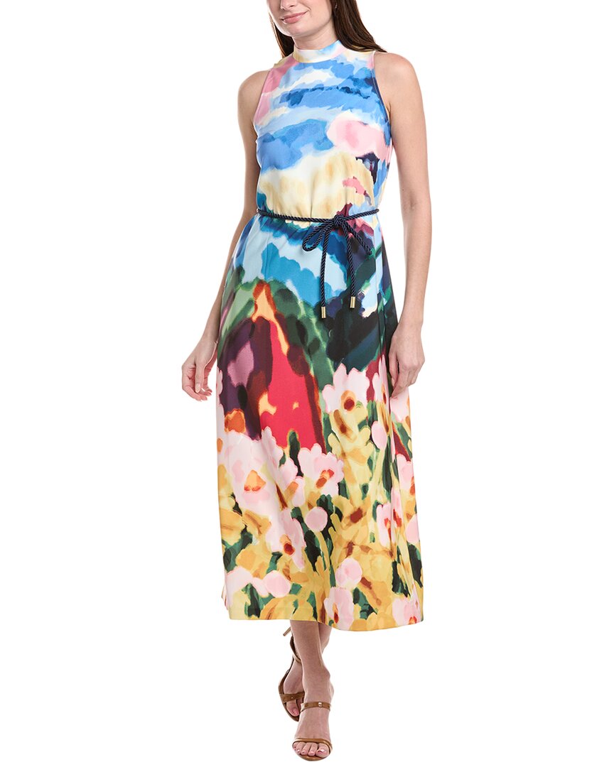 Anne Klein Print Tie Waist Sleeveless Maxi Dress In Blue