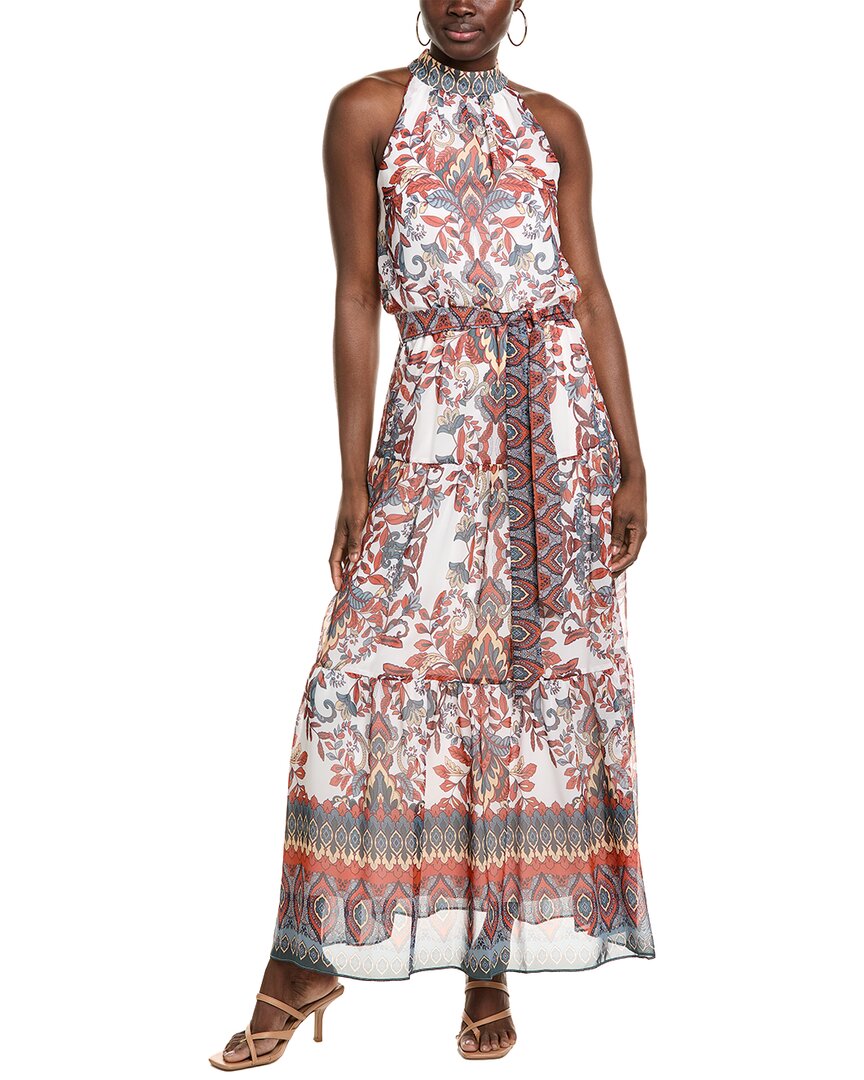 Julia Jordan Sleeveless Tiered Mock Neck Waist Tie Dress In White