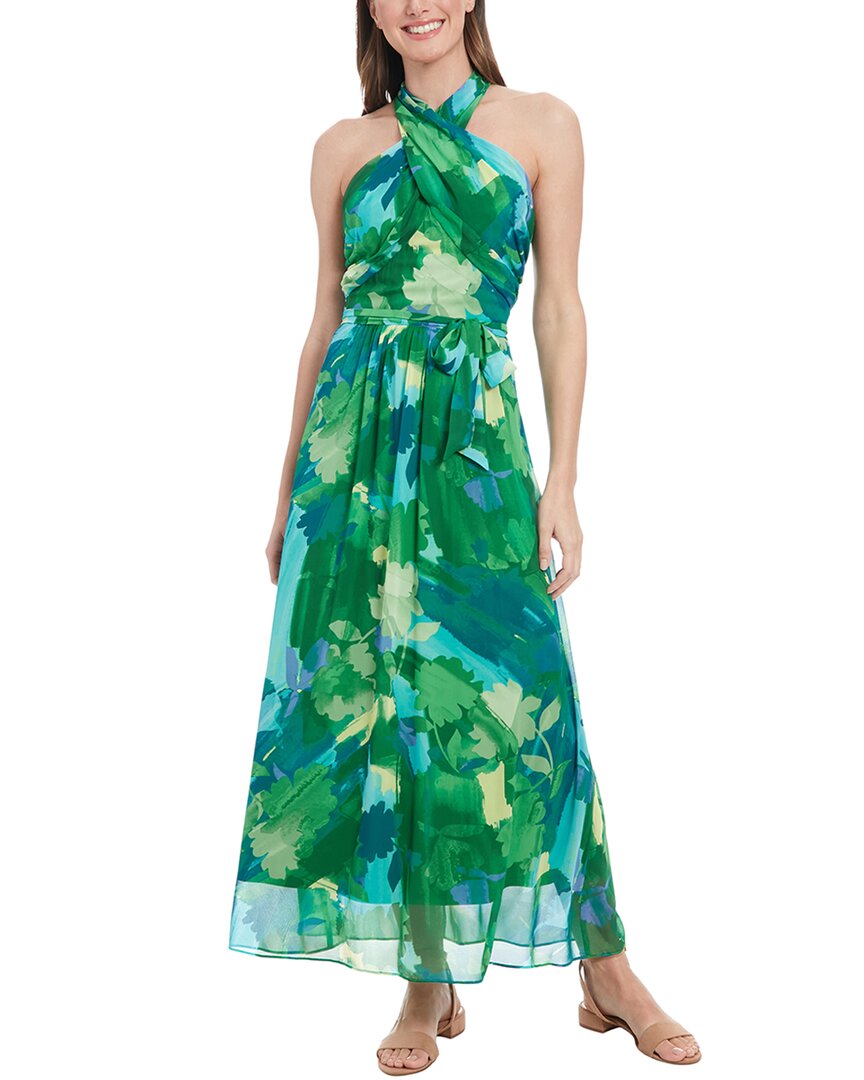 London Times Crossover Halter Neck Chiffon Maxi Dress