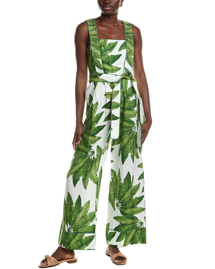 Farm Rio Palm Fan Linen Jumpsuit In White