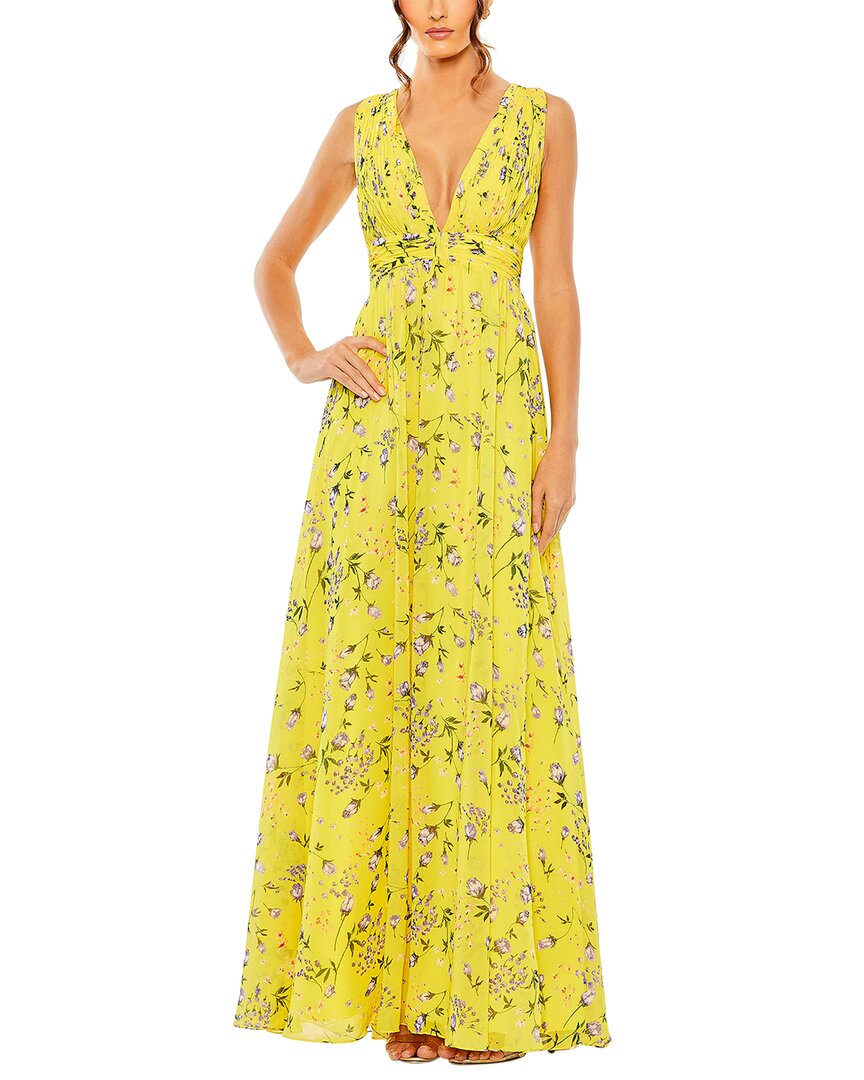 Mac Duggal Floral Print V-neck Ruched Gown