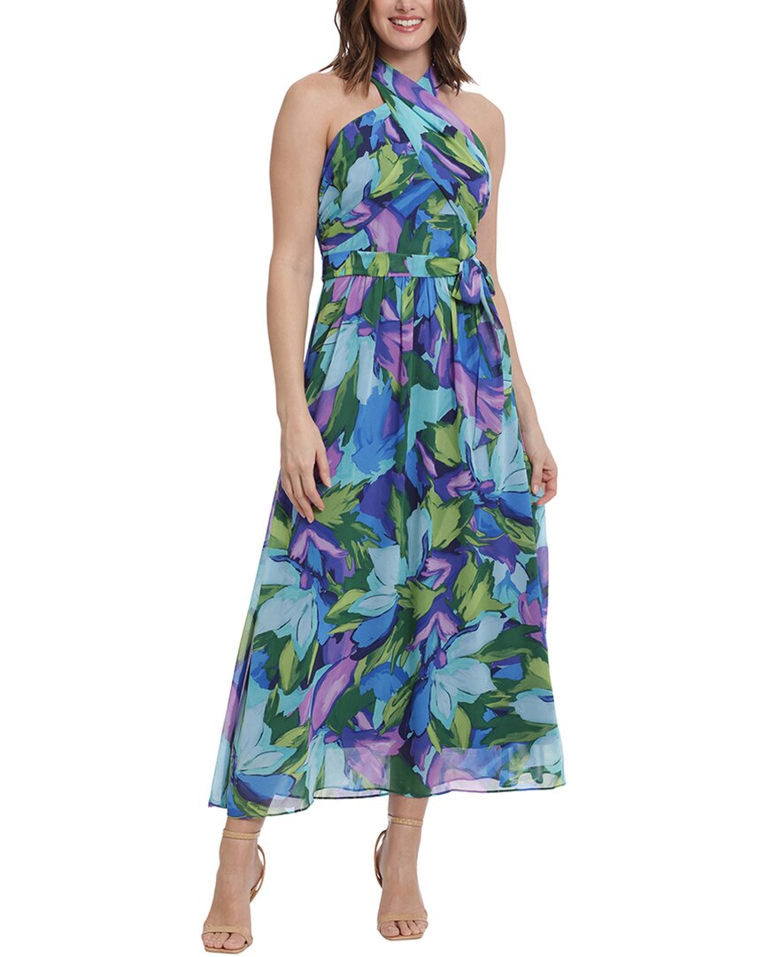 London Times Floral Print Halter Neck Maxi Dress In Aqua Royal In Multi