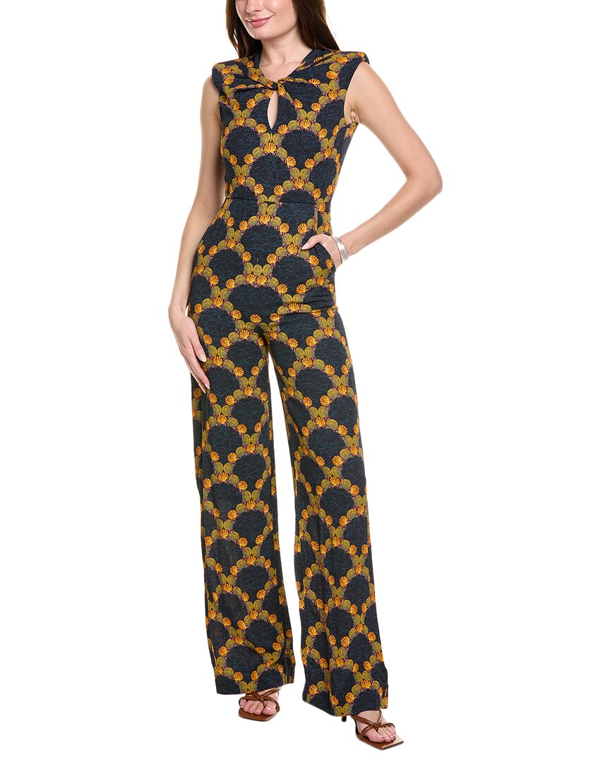 Saloni Claudia Twist-front Printed Crepe Wide-leg Jumpsuit In Blue