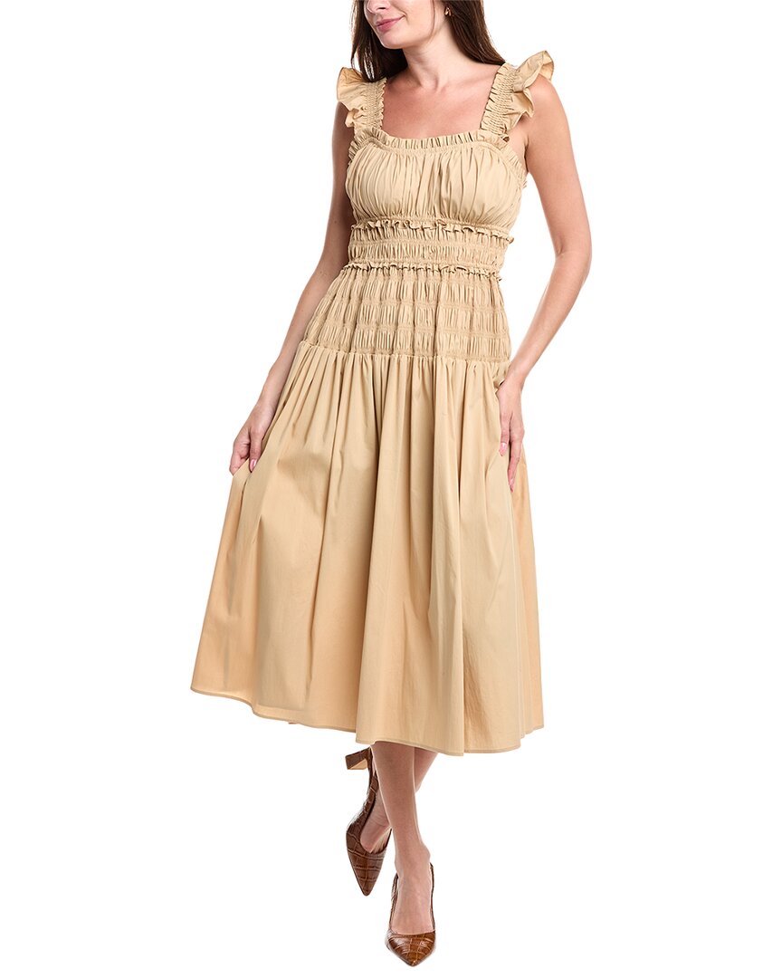 Anne Klein Smocked Ruffle Trim Midi Dress In Neutral