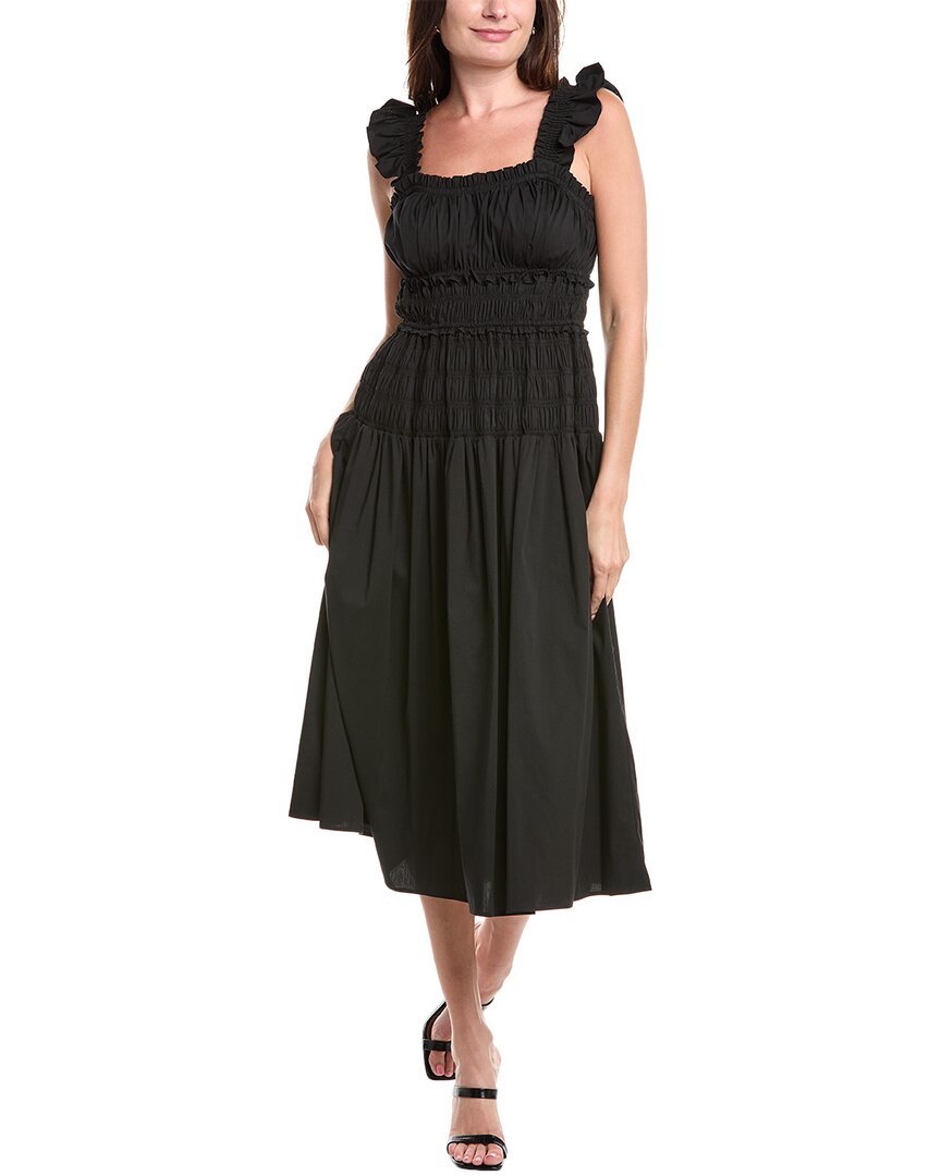 Anne Klein Smocked Ruffle Trim Midi Dress In Black