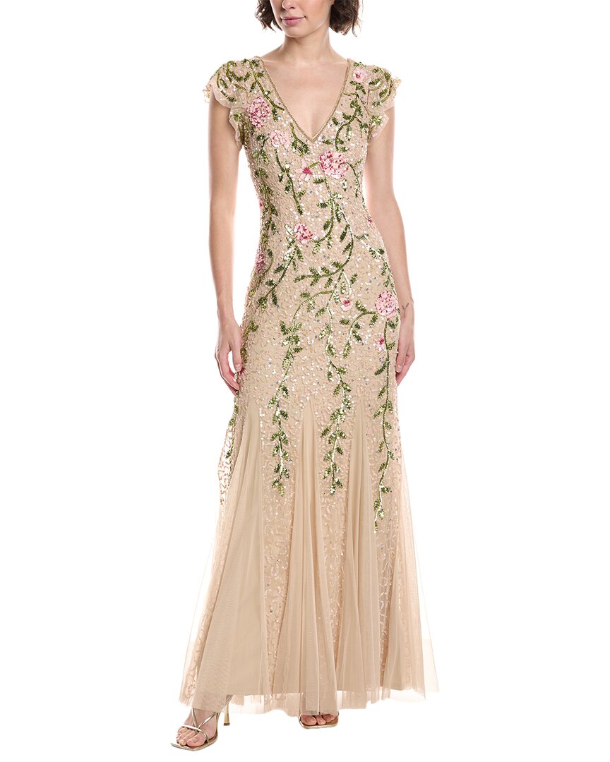 Adrianna Papell Beaded Mesh Flutter Sleeve Dress In Brown