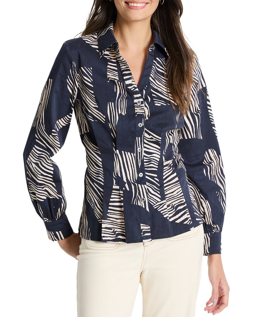 Nic + Zoe Nic+zoe Zebra Stripe Stretch Cotton Button-up Shirt In Blue