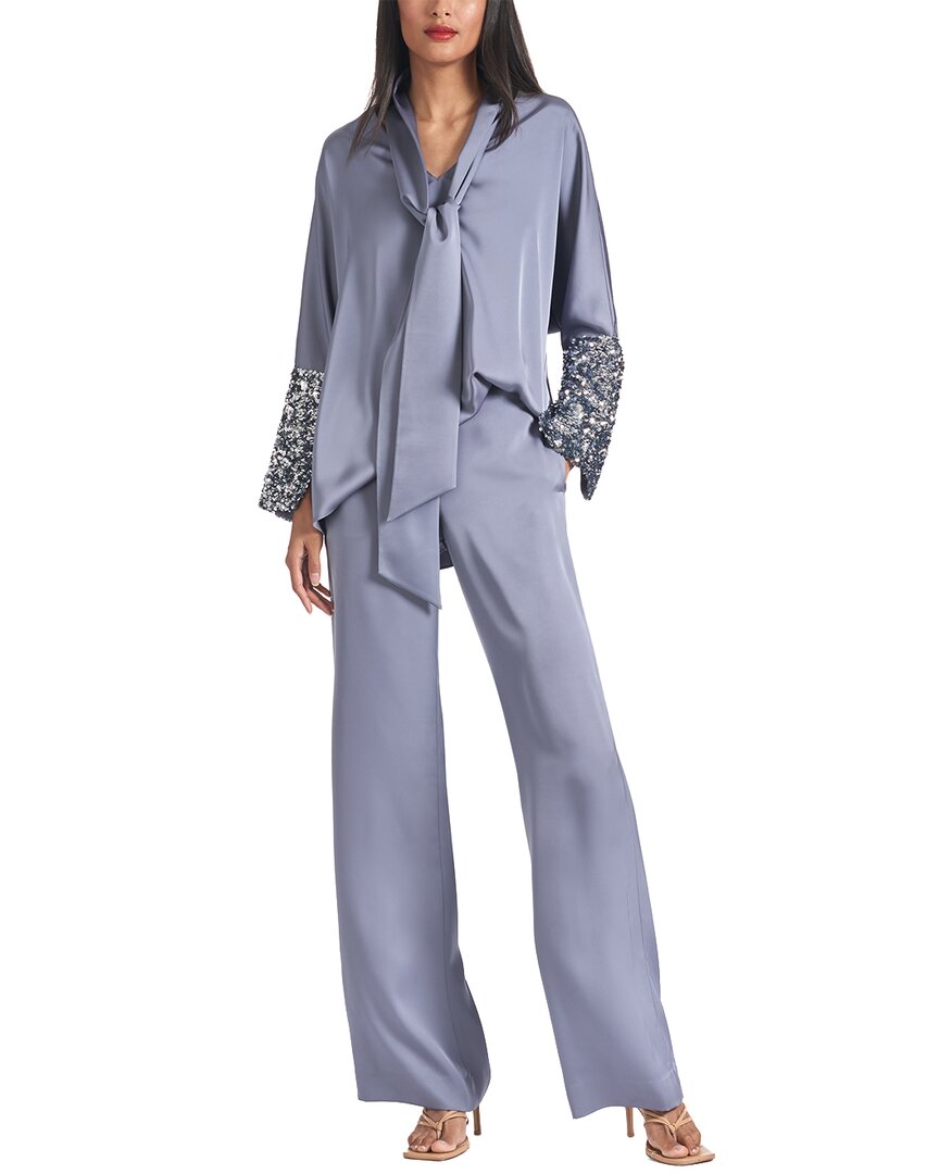 Sachin & Babi Reid Sequin-cuff Tie-neck Satin Crepe Top In Purple