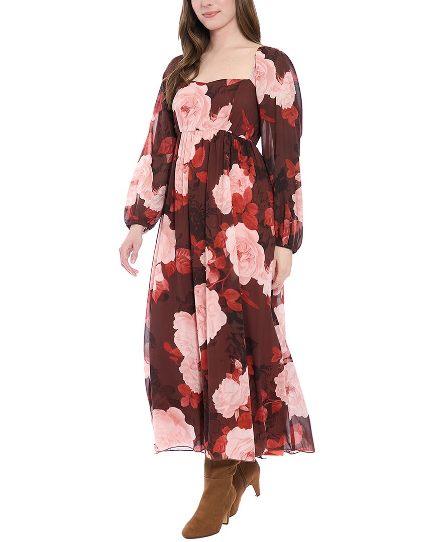 London Times Square Neck Long Sleeve Maxi Dress In Brown