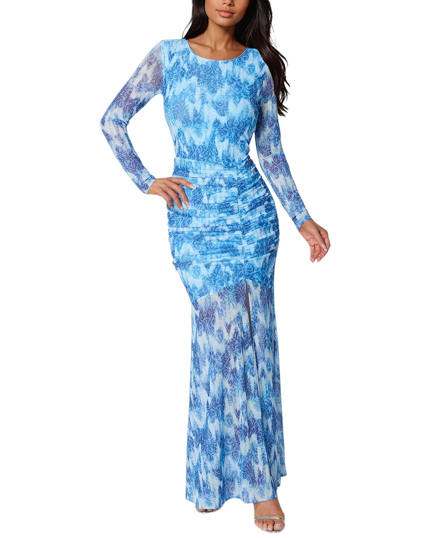 Bebe Ruched Longsleeve Printed Maxi Dress In Blue