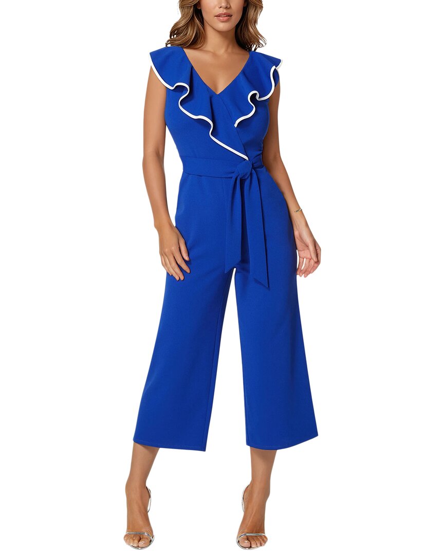 Bebe Scuba Crepe Ruffle V-neck Jumpsuit In Gold