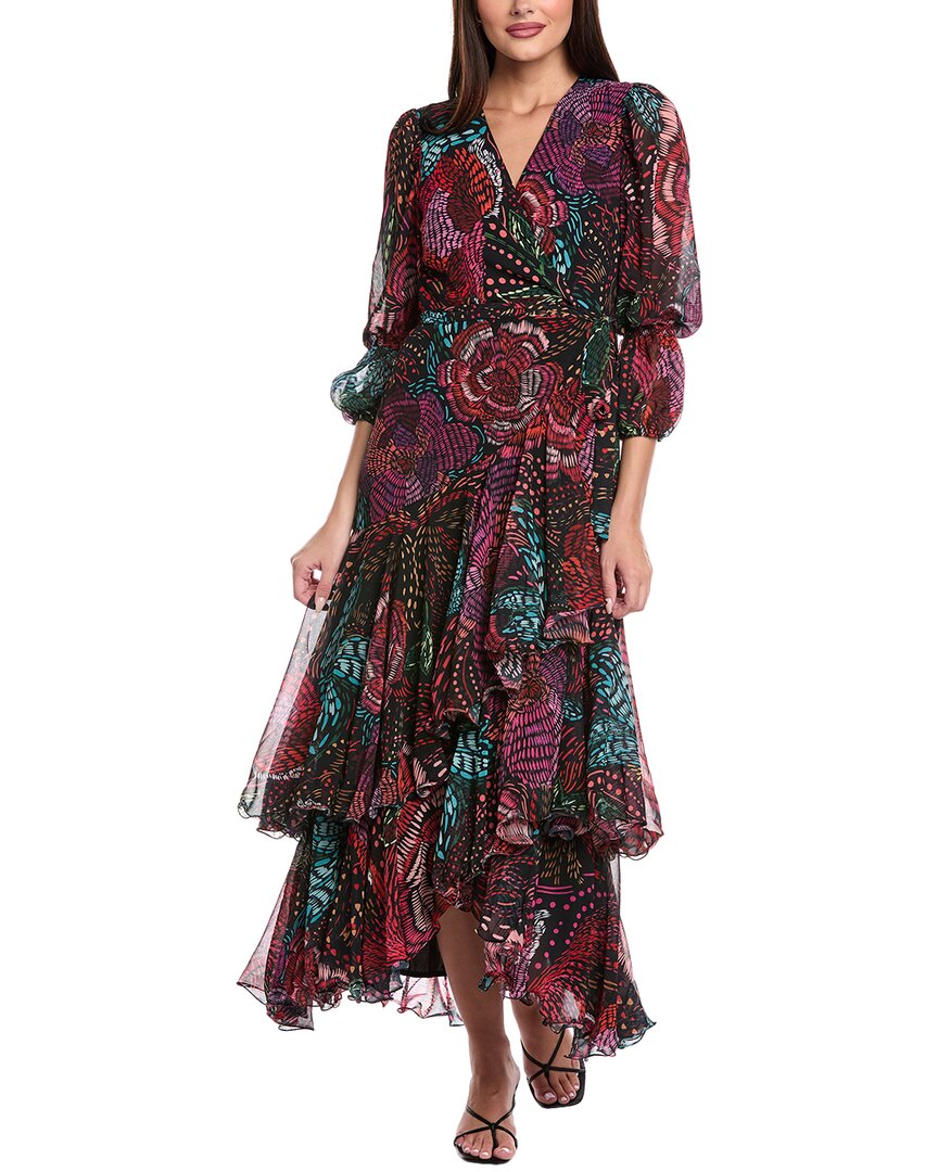 Hutch Carlotta Embroidered Floral Long Sleeve Wrap Gown In Red