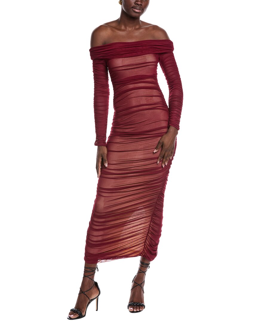 Jl Luxe Off-the-shoulder Ruched Mesh Midi Dress In Burgundy