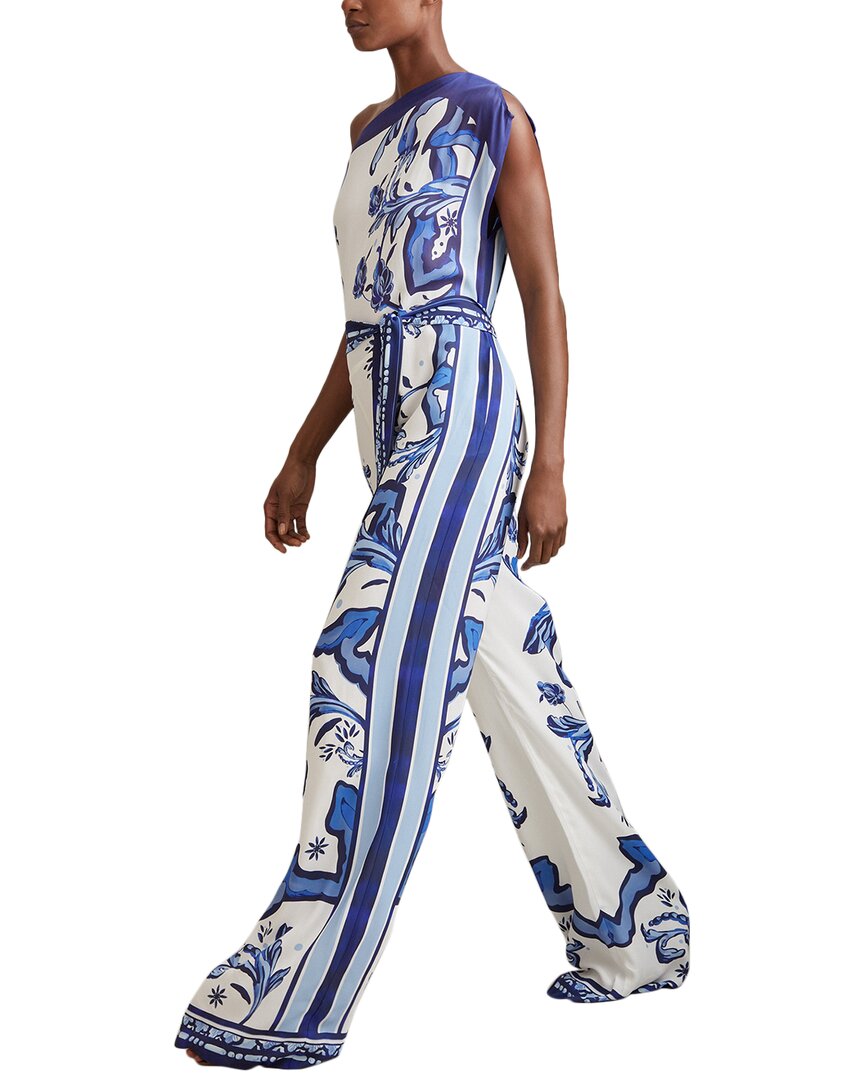 Reiss Blue Tile Print Off-the-shoulder Jumpsuit In Multi