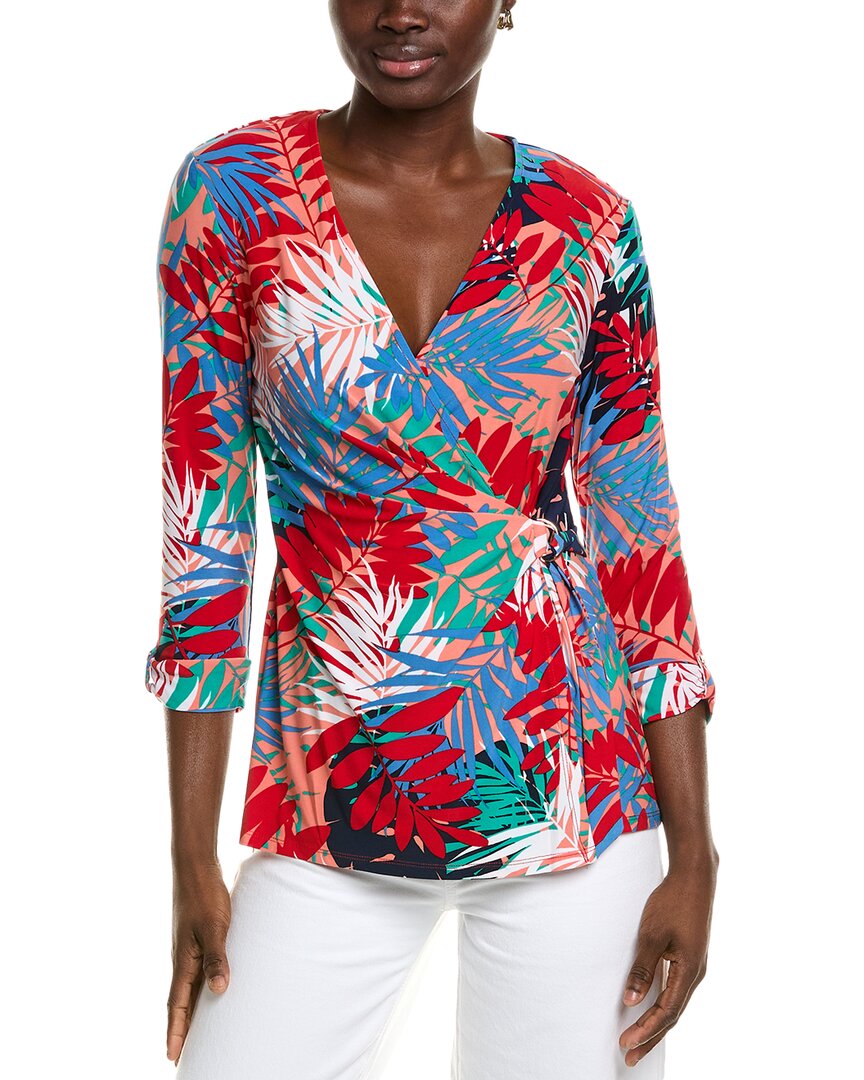 Jones New York Leaf Print Jersey D-ring Wrap Top In Multi