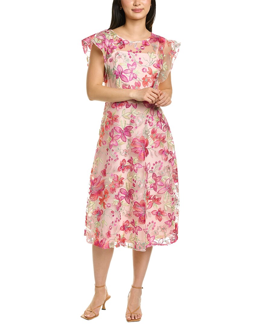 Donna Ricco Embroidered Midi Dress In Pink